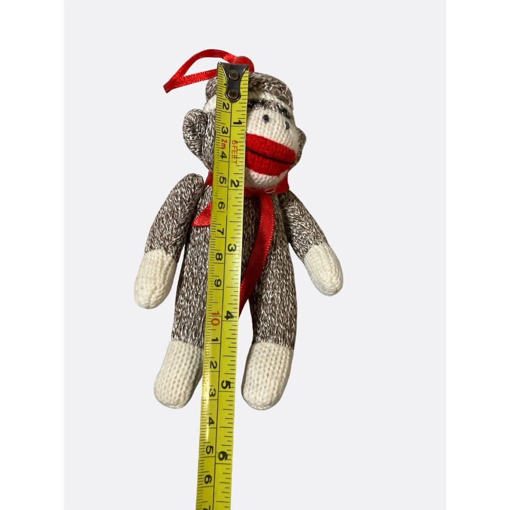 Knitted Sock Monkey Plush Ornament With Red Ribbon - Picture 6 of 10